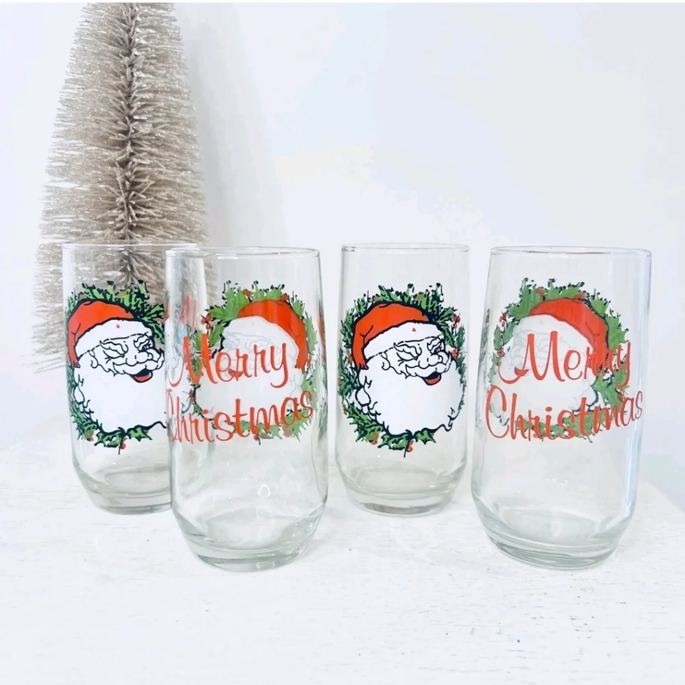 70s Set Anchor Hocking Winking Santa Glass Tumblers Hostess Box Merry Christmas - Picture 9 of 10